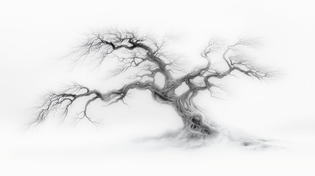 Twisted ancient tree with eerie roots in surreal misty white landscape