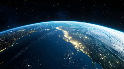 Blue Planet Earth Illuminated With City Lights and Starry Night Sky with Perspective View from Space