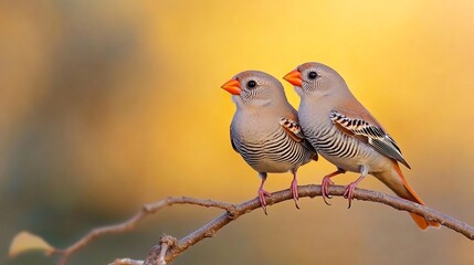 Pair of Zebra Finches perched together on a twig their tiny striped patterns and orange beaks glowing under the soft golden light
