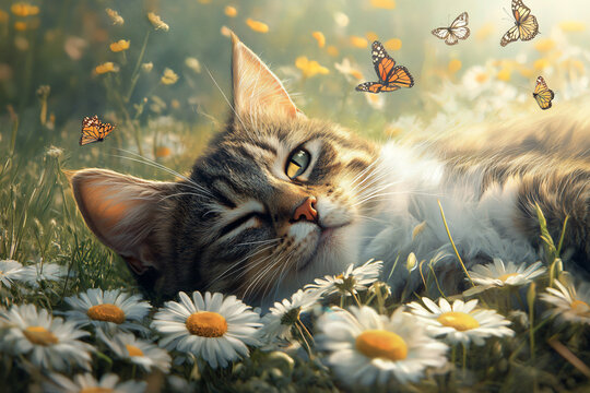 a cat laying in a field of daisies and butterflies - Powered by Adobe