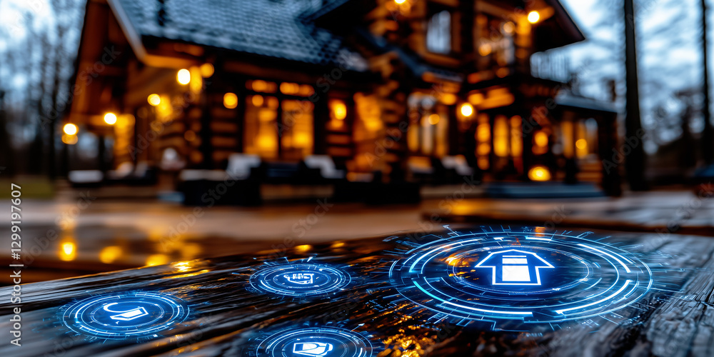 Poster futuristic smart home controls in rustic cabin with digital interface
