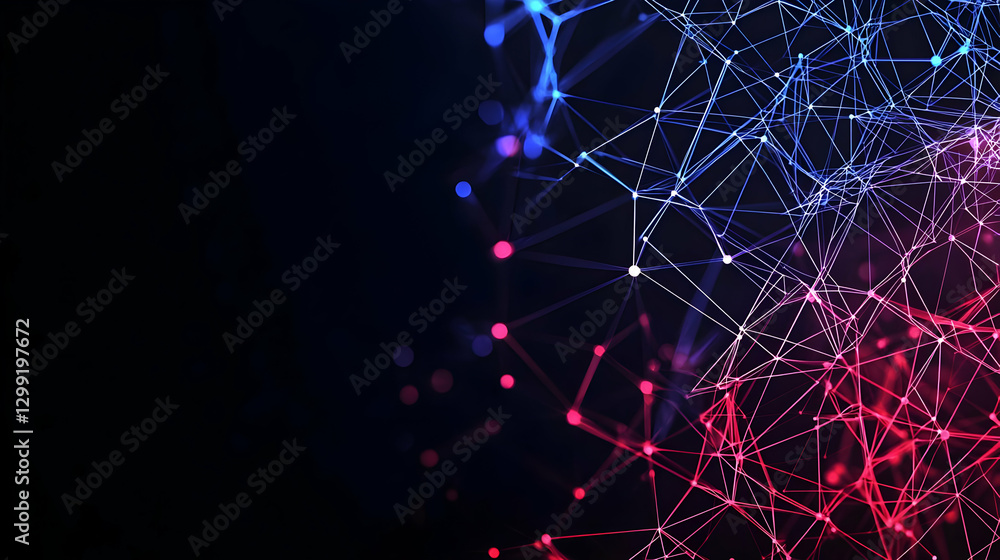 Poster abstract digital network connection with geometric shapes in red and blue light against black backgr
