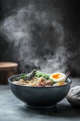 Steaming Bowl Of Ramen Noodles With Egg And Vegetables And Broth Topping And Garnishings With Seaweed And Vegetables And Pork Broth in Gray Bowl Under Soft Lighting Under Dark Backgrounds On A Close