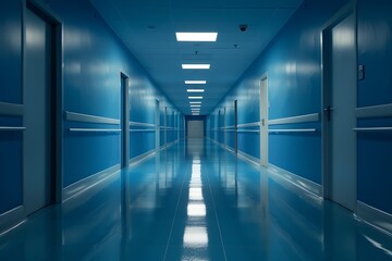 Obraz premium Interior of a hospital corridor with blue lights, 3d render
