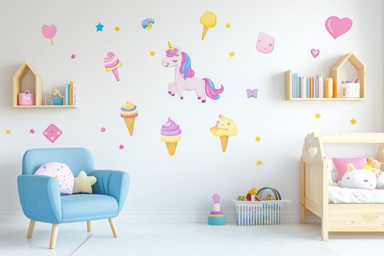 Children's room with unicorn and ice cream wall decals.  Possible use Kids room decor