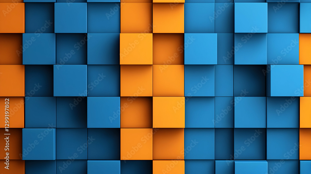 Poster abstract 3d cube pattern background in orange and blue color scheme with geometric shapes and light 
