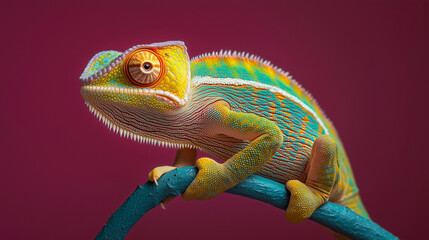 Obraz premium Radiant yellow chameleon against deep magenta background