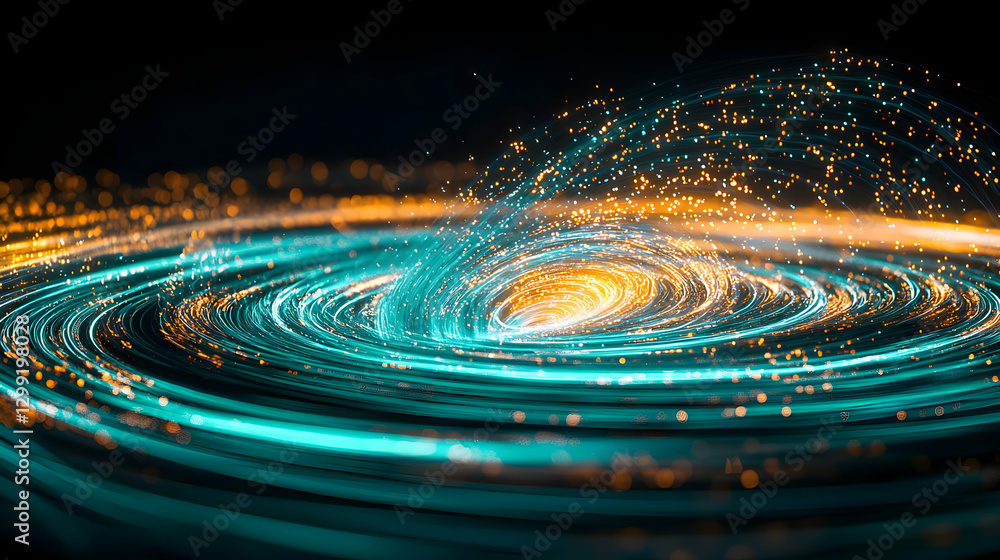 Poster abstract digital visualization of data flowing with blue and orange light particles