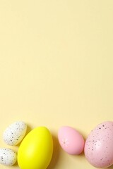 Happy Easter. Colorful eggs on color background, space for text or advertising