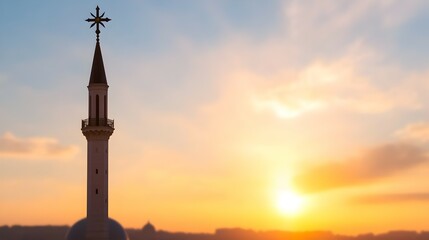 Obraz premium Mosque tower silhouette at sunset over city. Possible use Stock photo for travel, architecture, religion, or background image for design