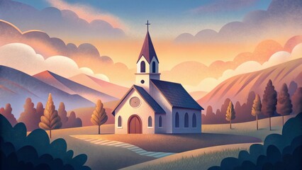 Naklejka premium Church at Sunset in Mountain Valley