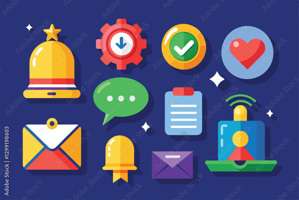 Poster a vibrant set of notification icons showcasing alerts, messages, and interactive elements in bright 