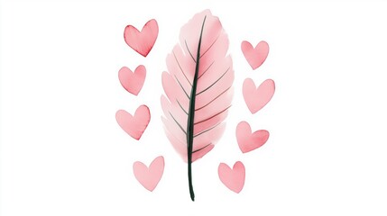Fototapeta premium Pink feather and hearts composition: romantic and minimalist stock image
