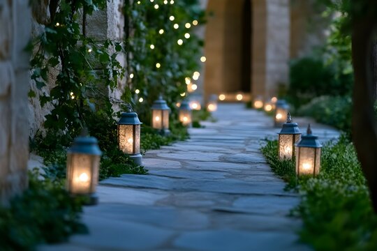 Pathway lit by lanterns at dusk through a garden with string lights. Possible use in a catalog for event decor or a romantic getaway