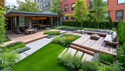 Naklejka premium urban neighbourhood landscaping, Modern Urban House, wide shots of home gardens, lawns, yards, decks and spaces for outdoor entertaining, garden design, modern architecture concept