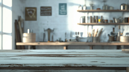 Whitewashed Wooden Tabletop Blurred Workshop Background