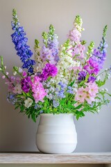 Fototapeta premium Elegant floral arrangement in a white ceramic vase featuring a mix of pastel-colored blossoms, including blue, pink, purple, and white flowers, creating a soft and romantic atmosphere