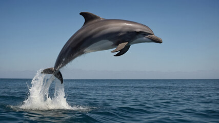 Fototapeta premium Dolphin leaping against tranquil sea horizon, sharp focus on its sleek body. Serene, minimalistic composition. Perfect for wildlife photography.