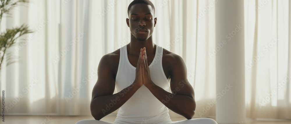 Poster a focused individual engages in a meditation session, seated in a peaceful environment with gentle s
