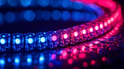 Fototapeta premium A vibrant close-up of LED lights in blue and red, creating a stunning visual effect against a dark background.