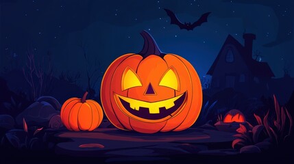 Halloween Pumpkin, Night Scene, Cottage