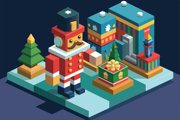 A vibrant isometric nutcracker figure stands beside decorated trees and gift boxes in a festive setup, Nutcracker Customizable Isometric Illustration