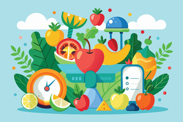 Fresh fruits and vegetables are creatively displayed to highlight healthy vegetarian options for weight loss, Nutrition and vegetarian diet, weight loss,