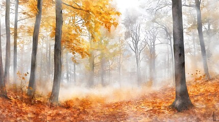 Obraz premium Foggy autumn forest with trees and fog. Digital painting.