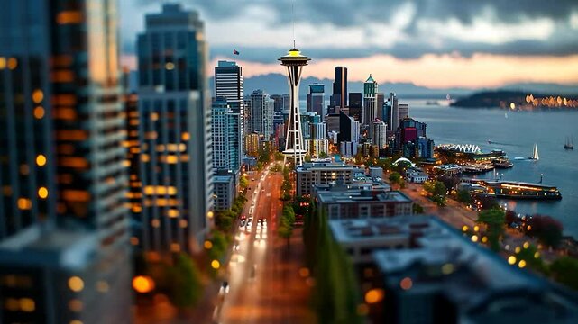 Seattle Skyline at Dusk, City Streets