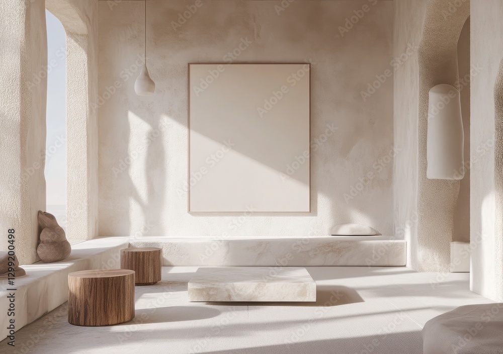 Aufkleber sunlit minimalist beige interior design with stone textures and blank canvas mockup style interior d