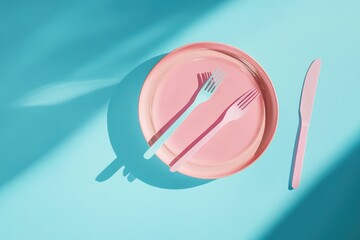 Pink tableware on blue background, sunlight, minimal, food photography