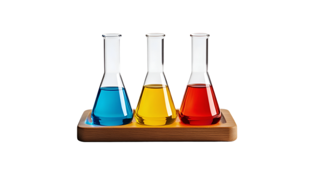 Colorful liquids in glass Erlenmeyer flasks on wooden tray science experiment