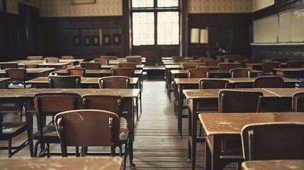Empty classroom with rows of chairs and tables in the auditorium.