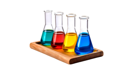 Colorful liquids in glass Erlenmeyer flasks on wooden tray science experiment