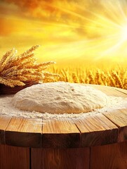 Dough and Wheat on Wooden Table with Sunset Background