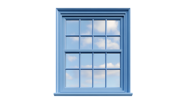 Blue window frame view of sky and clouds,