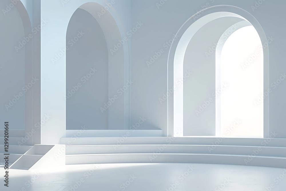 Poster minimalist abstract scene with round podium and arch, 3d render