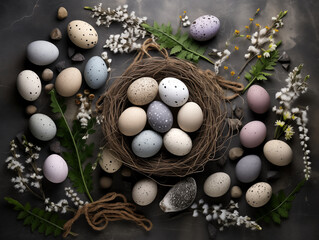 Nest with easter eggs with natural materials and decor around them on textured background. Colorful decorated easter eggs. Easter decor. Spring easter eggs.