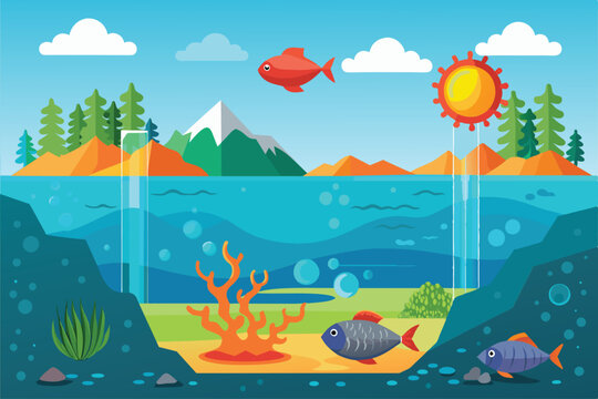 A vibrant illustration depicts the effects of ocean acidification with fish and coral in a colorful underwater setting, Ocean acidification Customizable Semi Flat Illustration