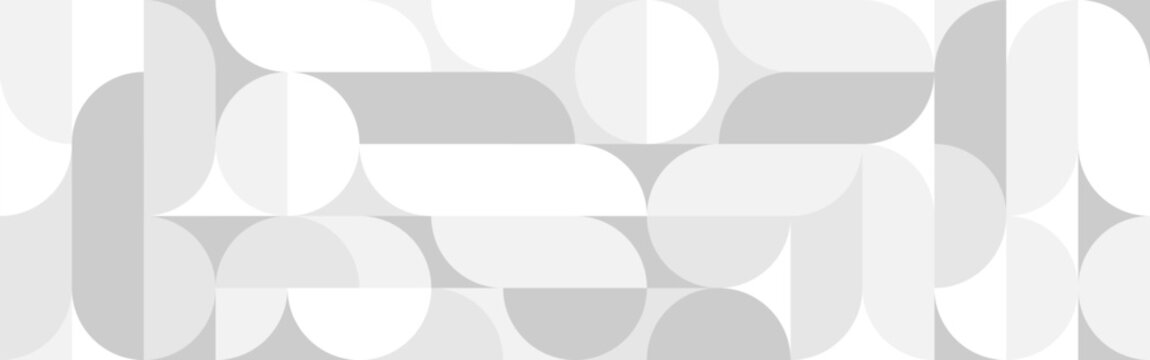 White trendy seamless background of circles and squares in modern Scandinavian style. Cover of gray geometric shapes in retro texture for wallpaper or packaging.