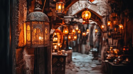 Fototapeta premium Warm Lantern Glow in an Old Moroccan Medina at Sunset