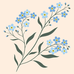 Bunch of blue forget me not flowers with green leaves on light beige background. Vector botanical illustration.