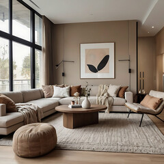 A modern living room interior with neutral tones, soft textures, and minimalist design.
