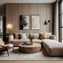 A modern living room interior with neutral tones, soft textures, and minimalist design.
