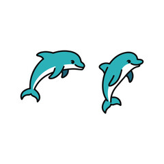 Obraz premium Two Cute Dolphins Jumping Out of the Water.This image features two stylized, cartoon-like dolphins leaping playfully out of the water against a plain white background.