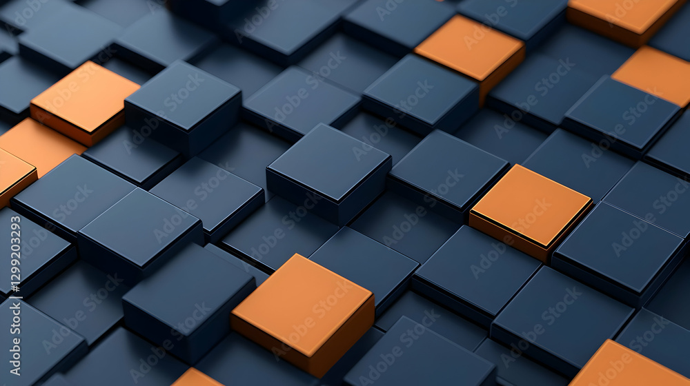 Poster abstract geometric design of blue and orange cubes with textured surface displaying modern digital b