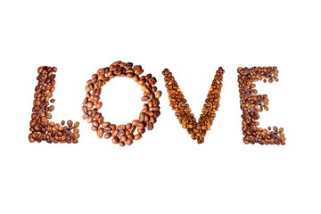 Coffee Beans Arranged to Spell 'Love' on a White Background for Creative and Culinary Concepts