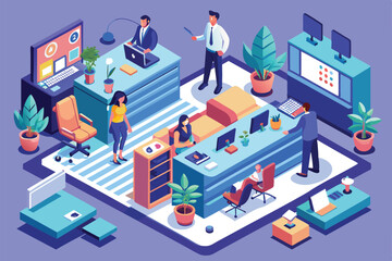 A modern office layout showcases diverse team members engaging in various tasks at customizable workstations, Office management Customizable Isometric Illustration