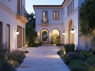 Naklejka premium Front view of an American-style villa courtyard with warm white LED floodlights, integrated with stone pathways
