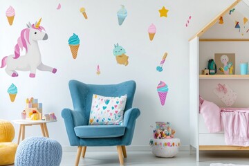 Child's room with unicorn and ice cream wall decals